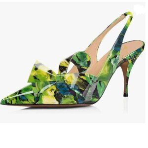 YDN Green Painting Stiletto Heel Pumps Bow Pointed Toe Slingback Slip on Sandals